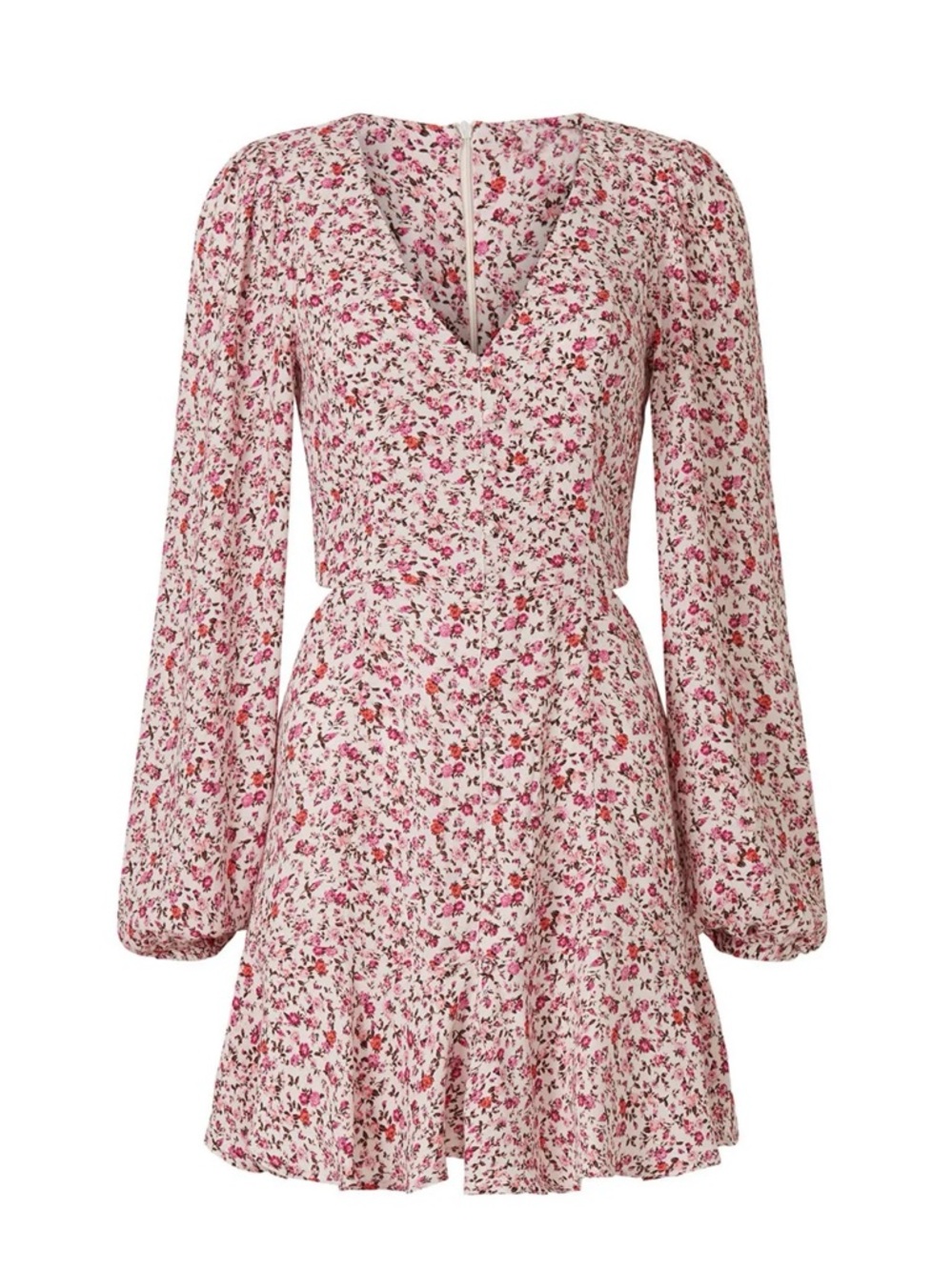 AFRM Mona Floral Cutout Mini Dress M Pink Rose Print Long Sleeve Flowy Romantic